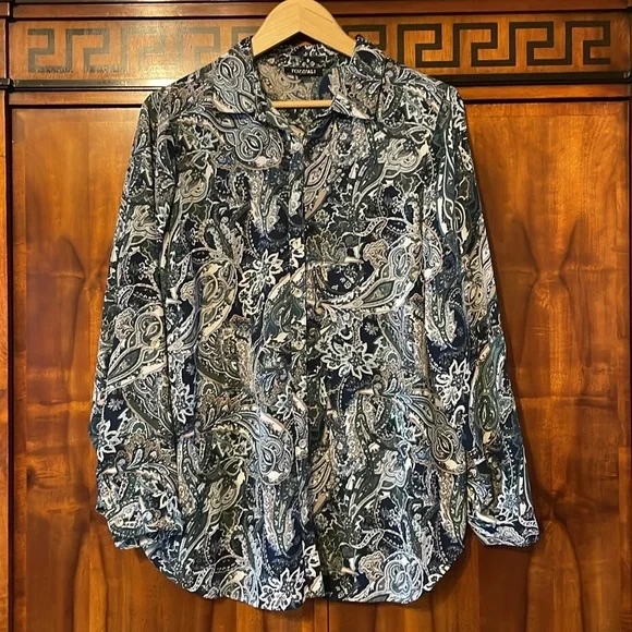 Roz & Ali 1X Paisley Button Down Blouse Blue Green Boho Flowy Women Plus Top - Picture 1 of 14